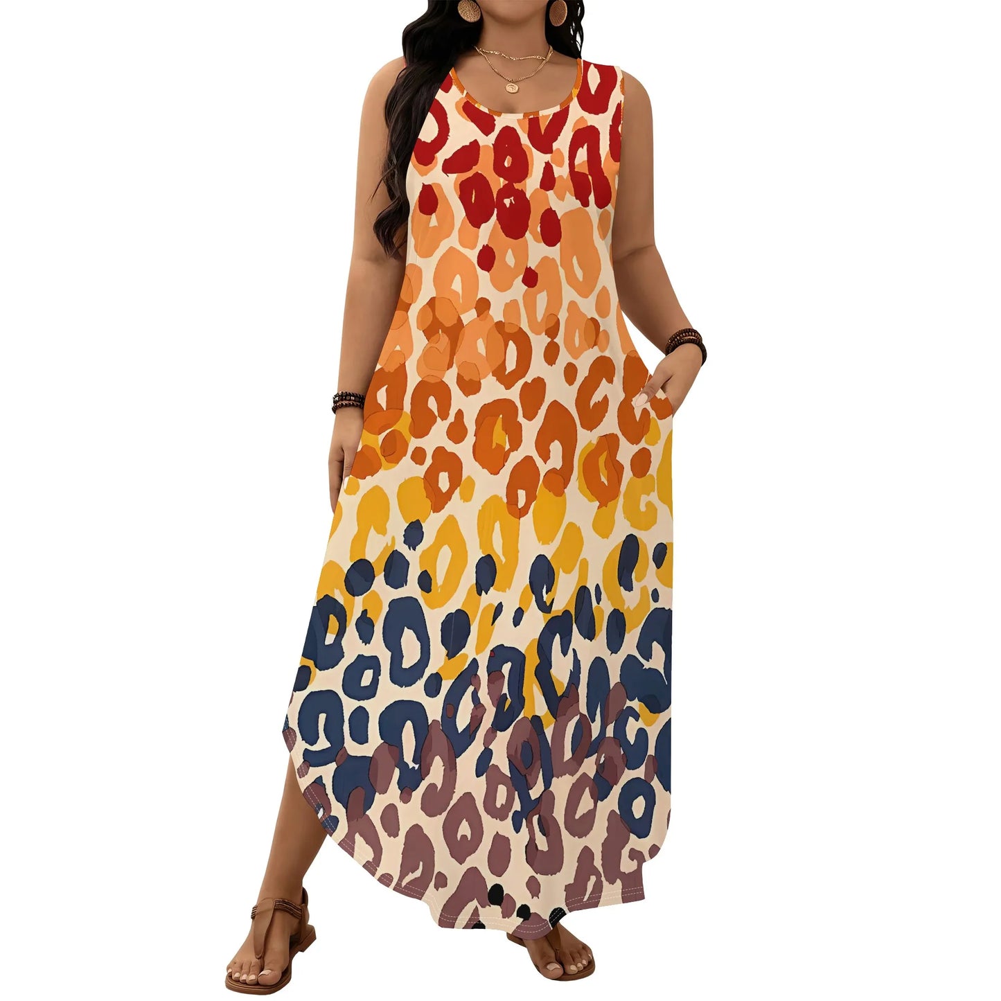 Maxy Plus Size Sleeveless Leopard Print Maxy Dress Gradient Colorful Summer Casual Beach Holiday Sundress