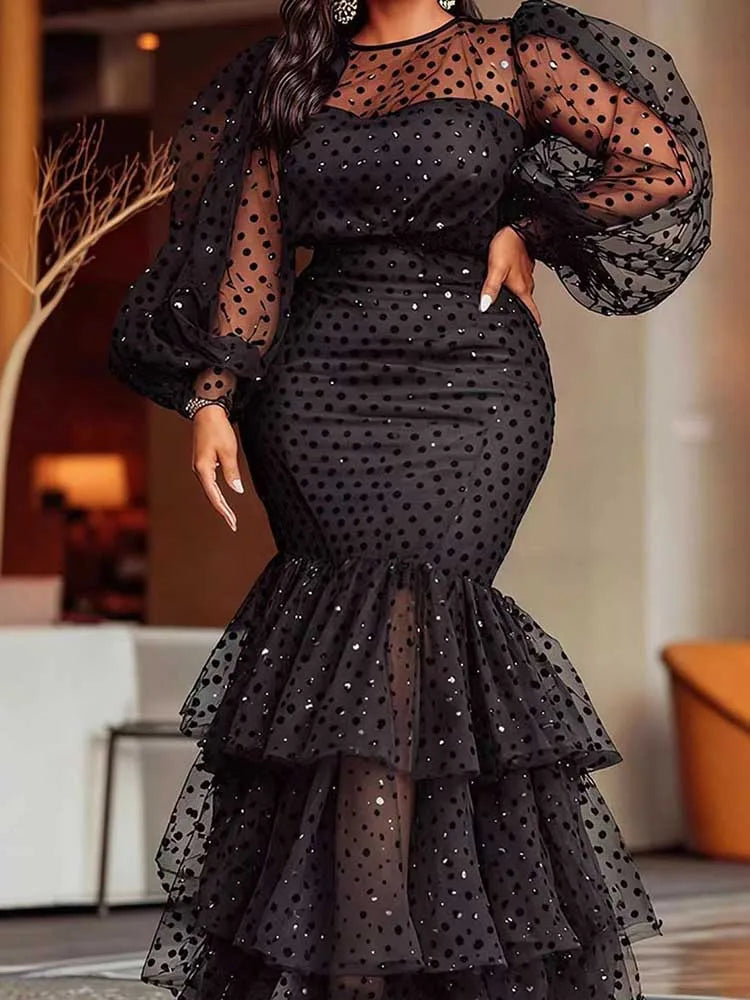 Maxy Sexy Dresses Woman Flocking Stacked Rushed Maxy Mermaid Dress Dot Mesh Puff Sleeve Long Black Party Dress Plus Size Chubby Dress
