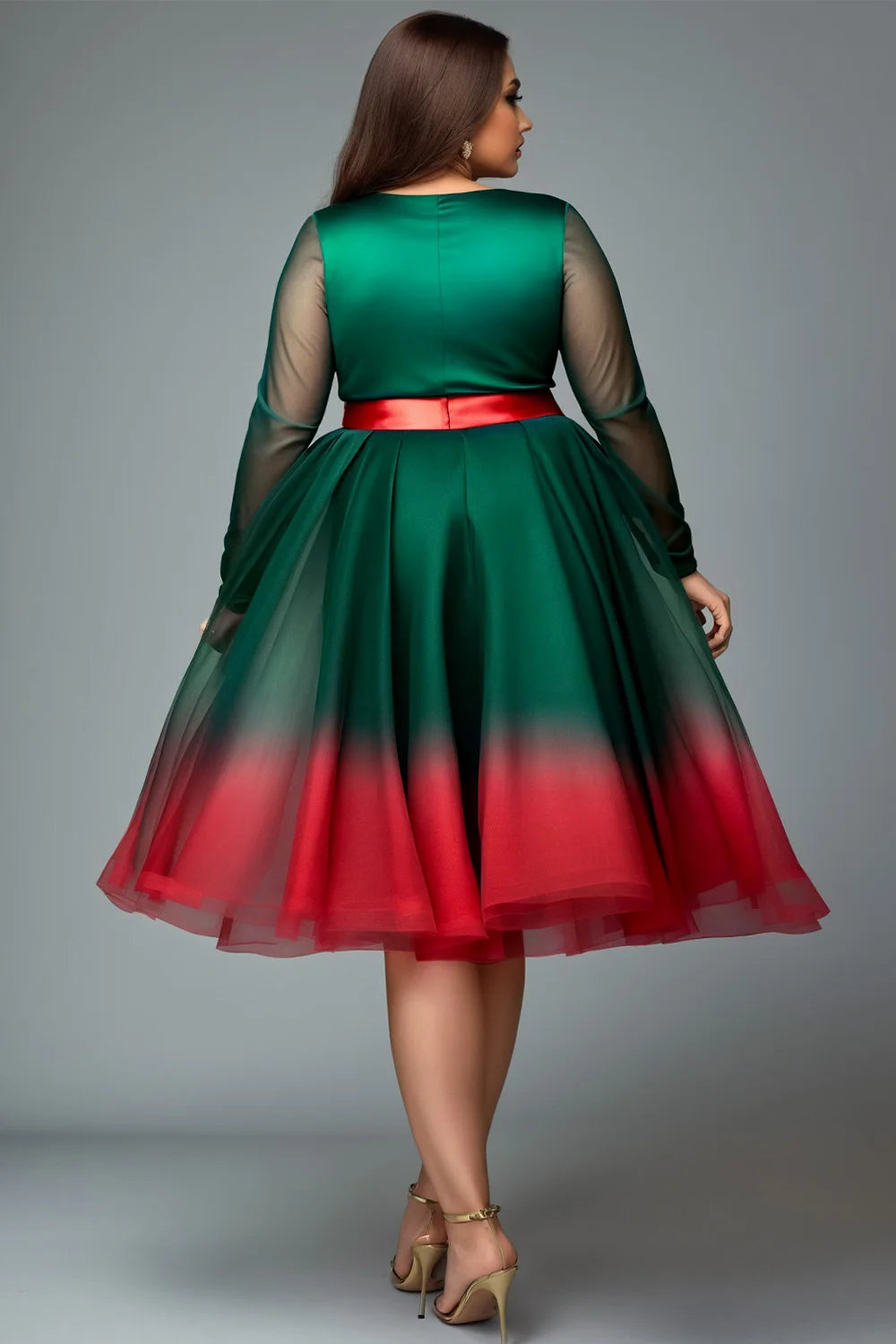 Amay Plus Size Christmas Emerald Green Gradient V Neck Lantern Sleeve Long Sleeve See Through Wrap Tulle Mini Dresses