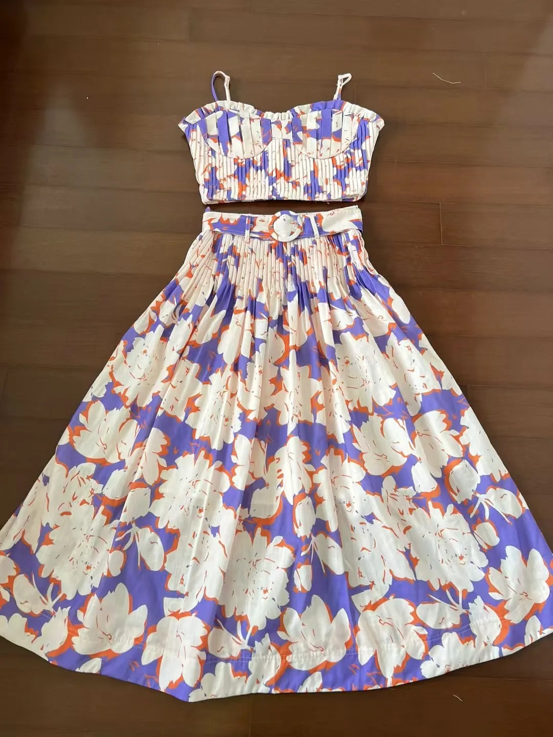 Amay Printing Elegant Two Piece Set For Women Strapless Sleeveless Mini Top High Waist Spliced Belt Skirt Slimming Sets Female