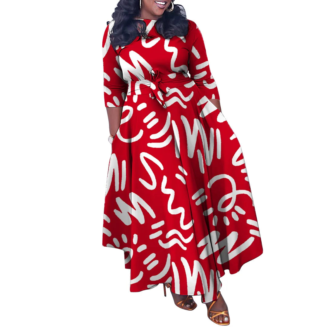 Amay Plus Size Print Elegant Dress Autumn Winter Female Loose Wide Long Robe Women Fashion Casual Cloth Large Size Party Dress