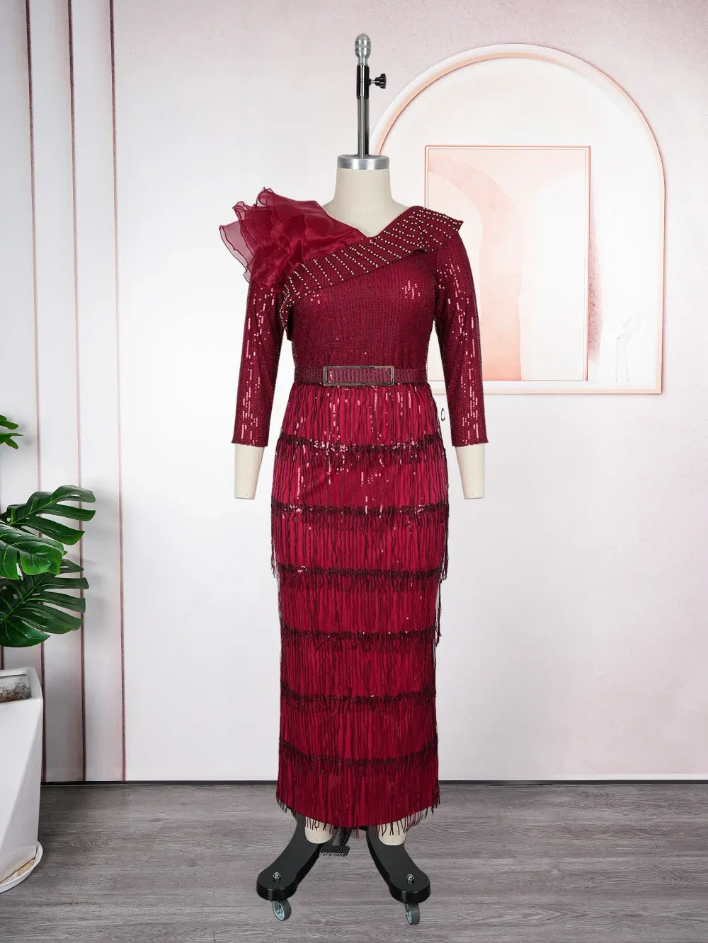 Maxy Plus Size African Party Dresses for Women New Dashiki Tassel Sequin Wedding Evening Gown Elegant Muslim Maxy Dress Outfits