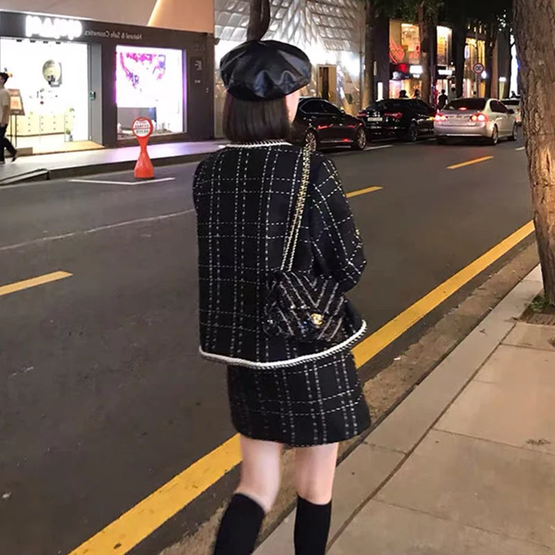 Amay Women Fried Street Tweed Suit New Spring Autumn Wool Jacket + Skirt Female Fashion Loose Tweed Skirts Two-Piece Set