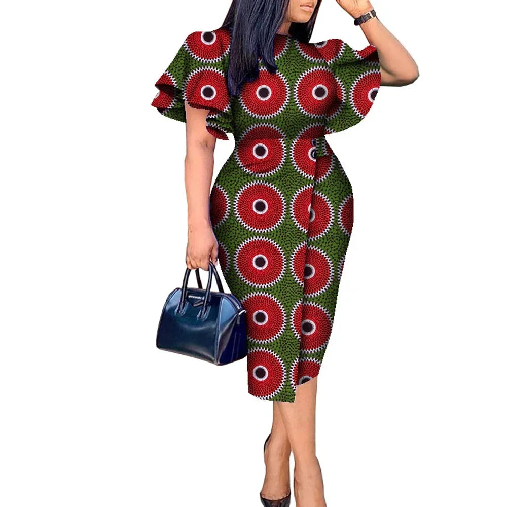 Maxy African Women Clothing Wax Print Kitenge Designs Butterfly Sleeve Dress WY8313