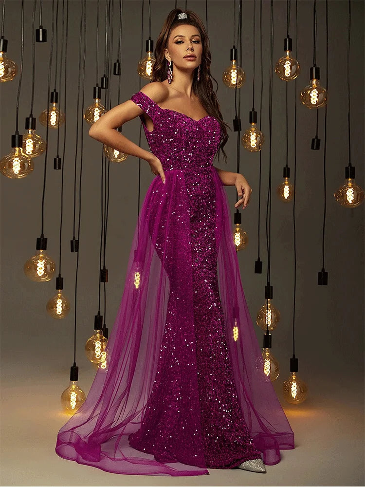 Babs Off-The-Shoulder Luxury Sequined Mesh Floor-Length Evening Gown Luxury Wedding Banquet Women's Shiny Prom Gown