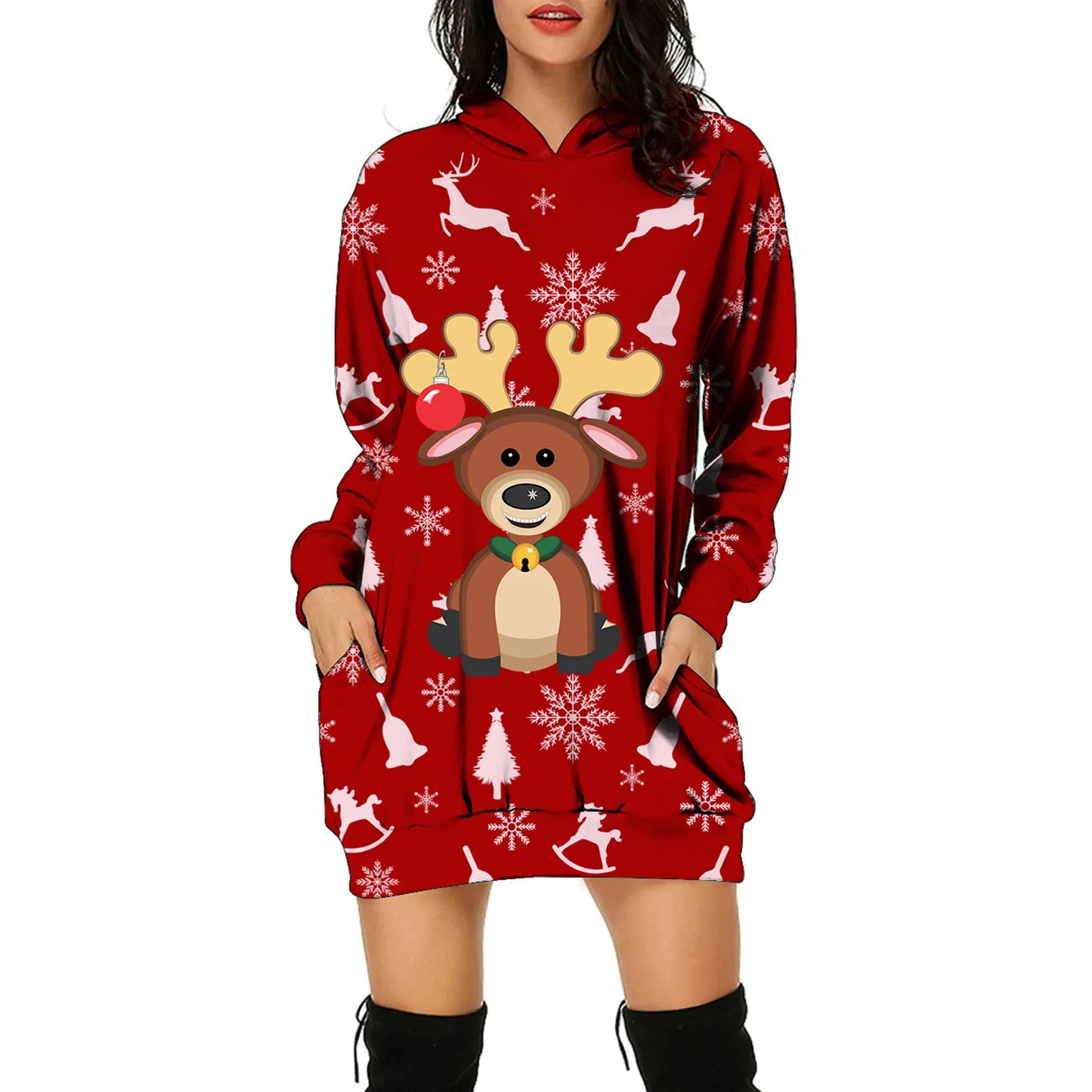 Max Funny Cute Cartoon Christmas Maxy Print Women Dress Autumn Fashion Santa Claus Elk Deer Graphic Long Sleeve Pocket Hooded Sweatshirts