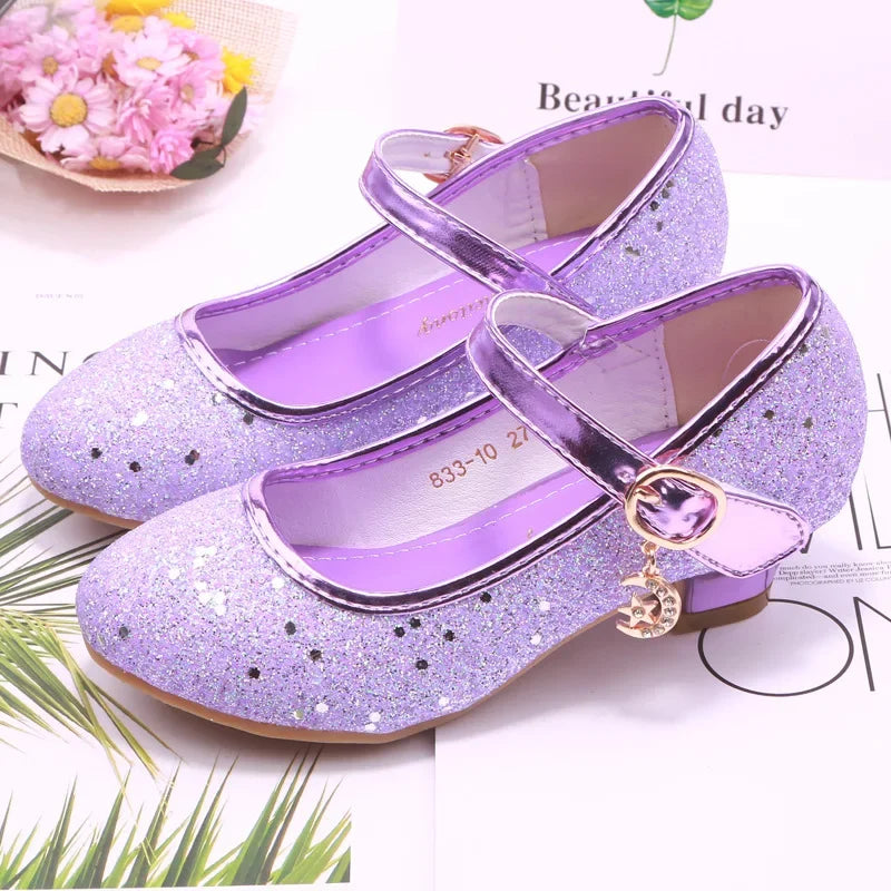 Amay Children Princess Shoes student dance shoes for Girls High Heel Sandals Dress Purple Kids Leather Glitter Crystal Shoes Banquet