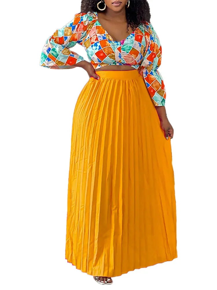 Maxy Women Two Piece Set Fashion Autumn V Neck Long Sleeve Print Blouse Pleated High Waist Long Skirt Elegant Two Piece Suit