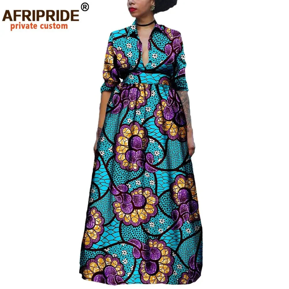 Maxy African Long Dresses for Women Half Sleeve Ankle-length Notched Collar Party Dress Print Ankara AFRIPRIDE A1825075