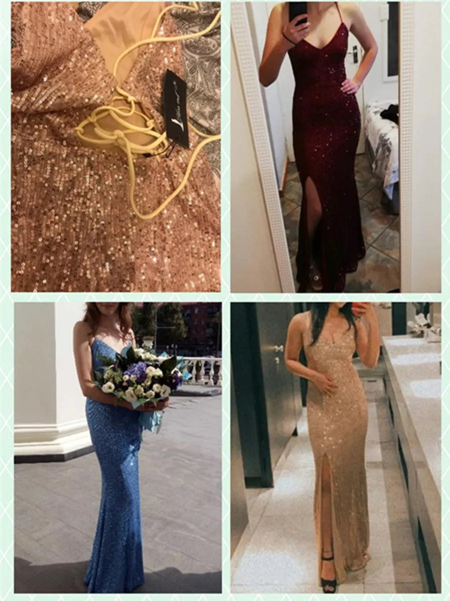 Maxy Shiny Sequin Spaghetti Strap Backless Split Evening Dresses Cocktail Party Women's Sexy Maxi Dress Ballroom Dress