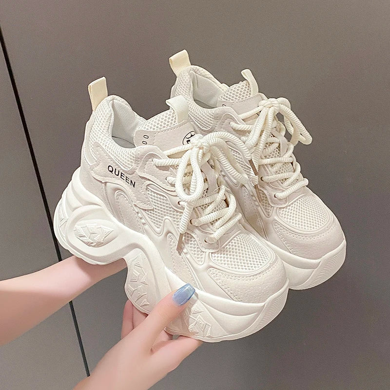 Maxy Spring Autumn High Top Leather Casual Shoes Comfy Breathable Mesh High Platform Shoes 10CM Wedge Heels Walking Chunky Sneakers