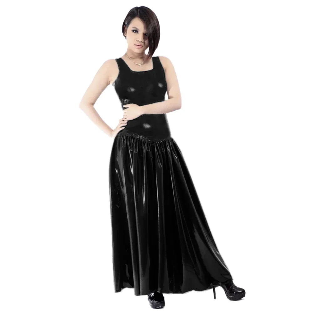 Maxy Women's PVC Tank Dress, Sleeveless Fit and Flared Dress, Raves Party Swing, Pleated Clubwear, Plus Size, Punk Fashion