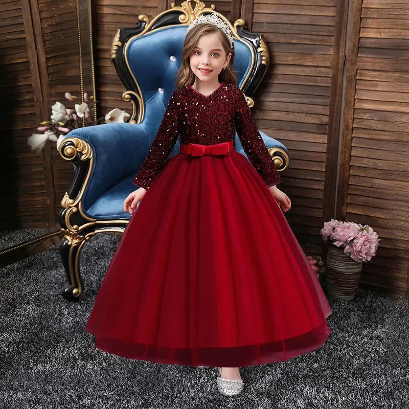 Maxy Fashion Glitter Flower Girl Dresses for Weddings Long Sleeve Kids Clothes Girls Dresses  Spring & Autumn Girls Party Dresses