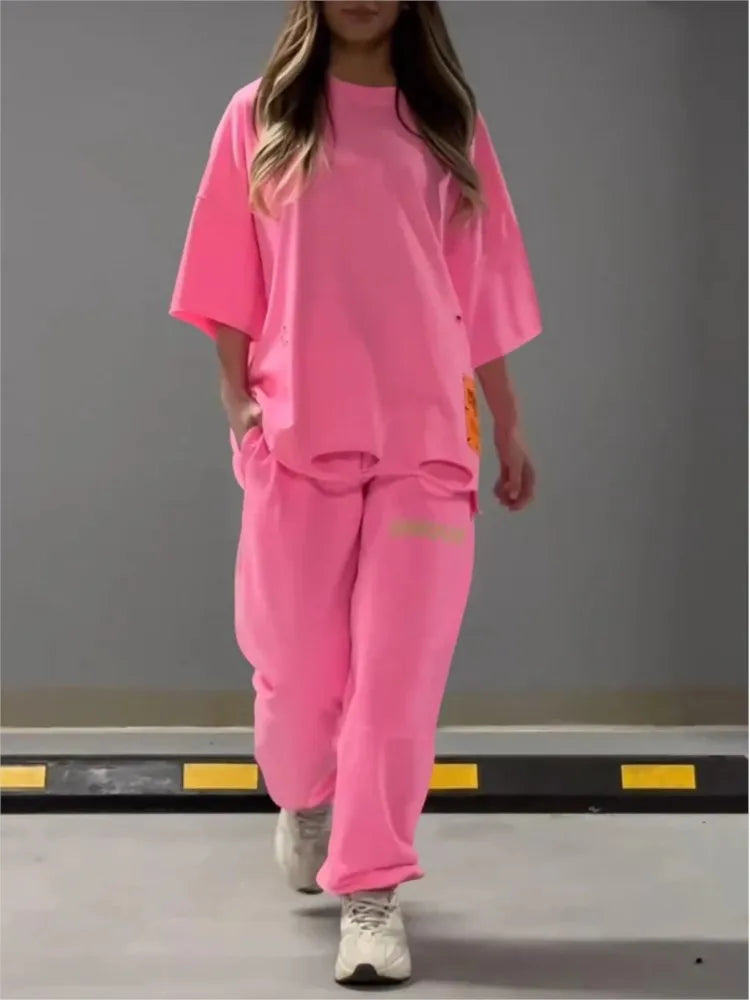 Maxy Summer New Fashion Hollowed Out O Neck T Shirt Women's 2 Piece Set Solid Color Casual Relaxed Tracksuit Pants Pocket Female Suit