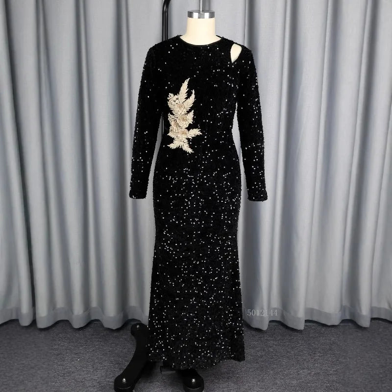 Maxy Plus Size Dresses for Women Elegant Long Sleeve O-neck Black Sequin Party Evening Long Maxy Dresses Gown Outfits
