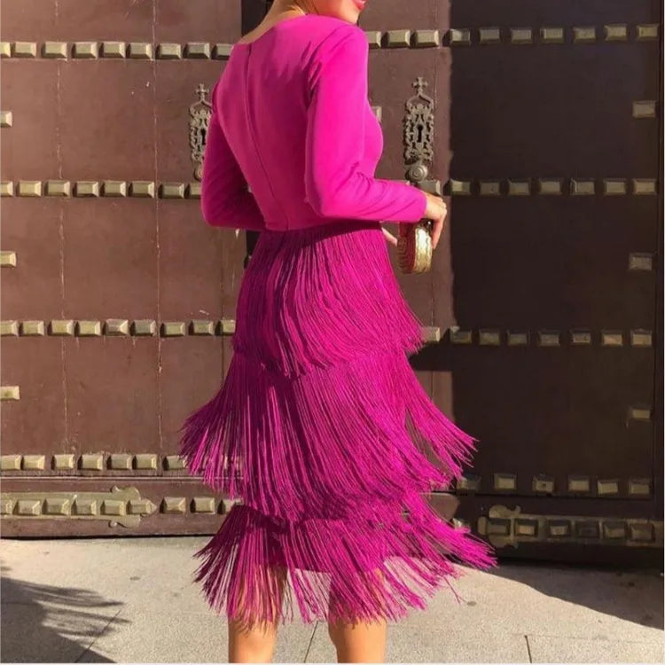 Maxy Tassel Dresses for Women Deep V Neck Long Sleeve High Waist Fringe Evening Birthday Wedding Guest Party Gowns Outfits