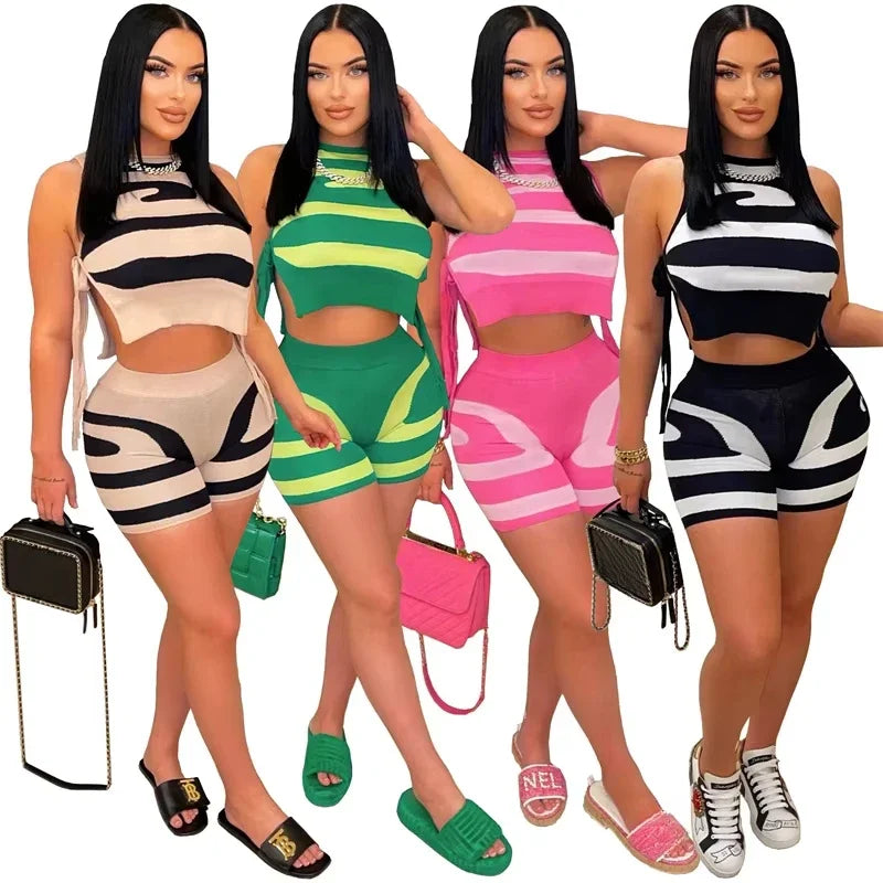 Maxy Striped Printing Two Piece Set Women Party Birthday Outfits Sportwear Side Lace-up Crop Top and Shorts Casual Fitness Tracksuit