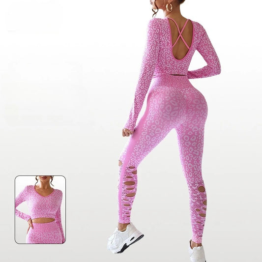 Maxy 2pcs Yoga Suit Leopard Sports Set Women Quick-Drying Gym Set Women Tracksuit Running Workout Long Sleeve Sports Shirt Clothing