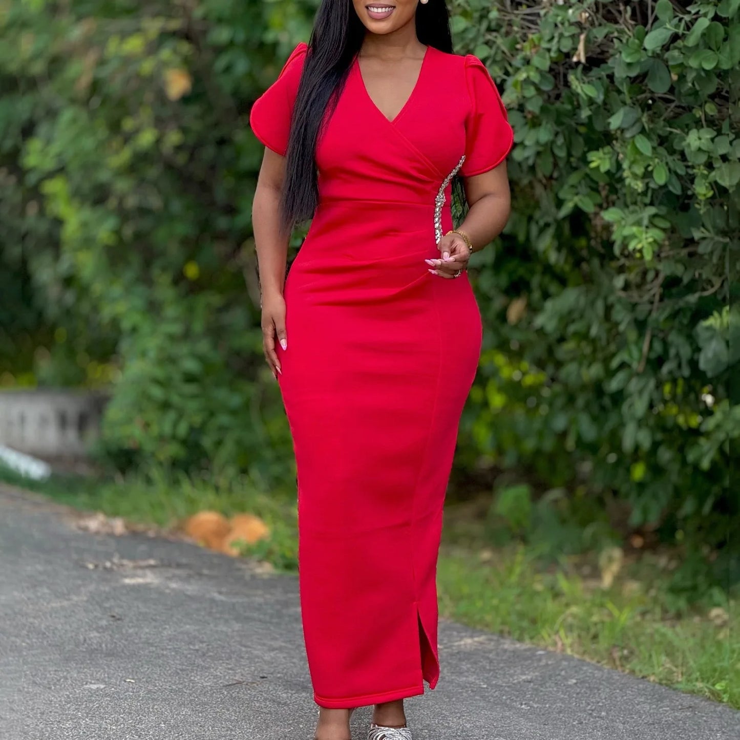 Maxy Elegant Dresses Woman Wedding Party Luxury Plus Size V Neck Short Sleeve Sheath Solid Ankle Length Fashion dress