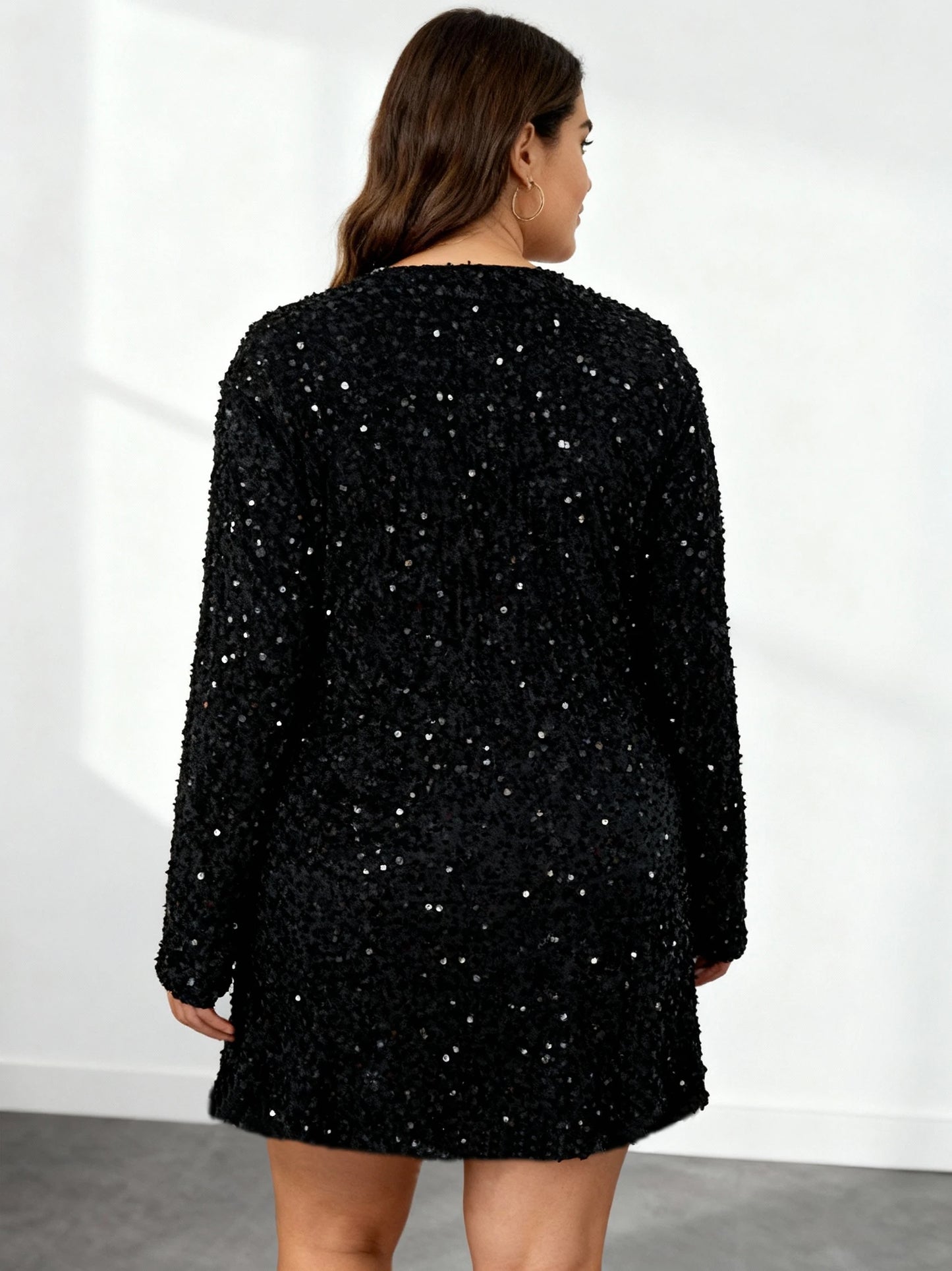 Maxy Women’s Plus Size Sequin Dress with Beaded V Neck Elegant Long Sleeve Sparkly Party Evening Dress Comfortable Slimming Fit