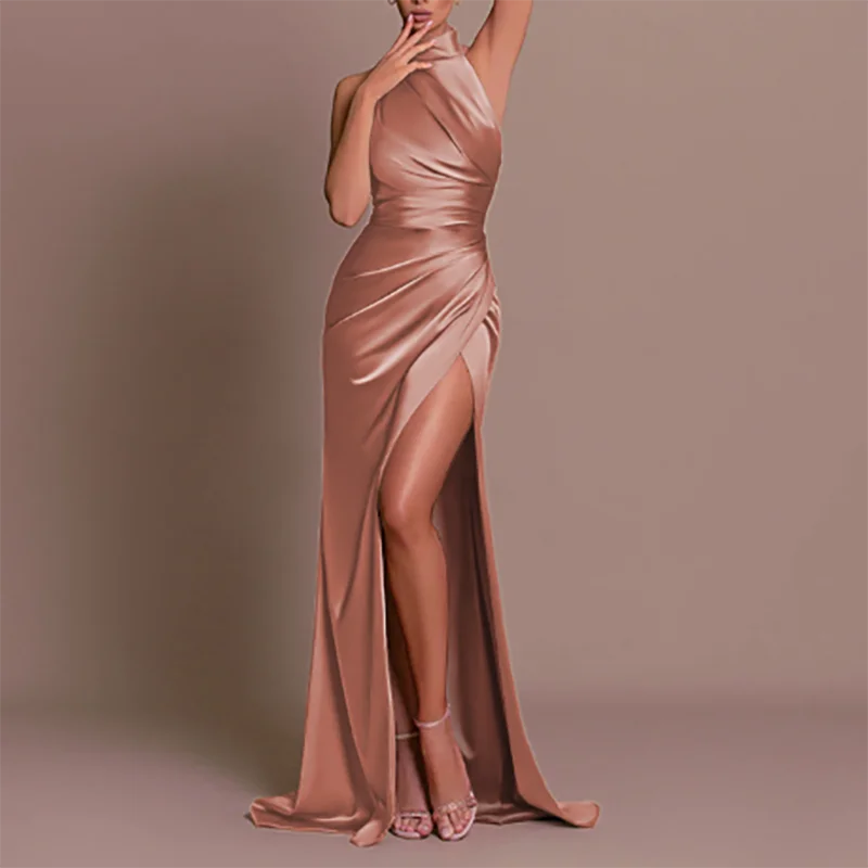 Maxy Elegant Stand Collar High Waist Robe Dress New Fashion Sleeveless Split Bridesmaid Dress Monochrome Satin Slim Women Party Dress