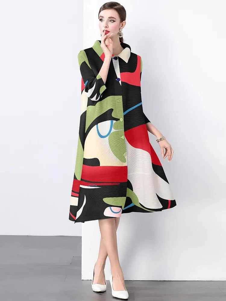 Maxy Women's Single Breasted High Stretch Oversized Pleated Shirt Dress Spring Fashion Color block Miyake Draped Loose Party Clothing