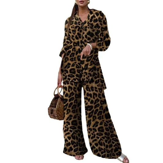 Maxy Autumn Fashion Leopard Print Women's Suit Two-piece Retro Street Print Casual Loose Long-sleeved V-neck Top Wide-leg Pants Suit