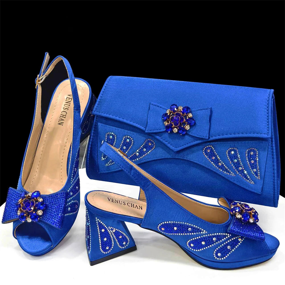 Maxy Shoes And Bag Sets for Evening Party with Stones Italian Leather Handbags Match Bags!