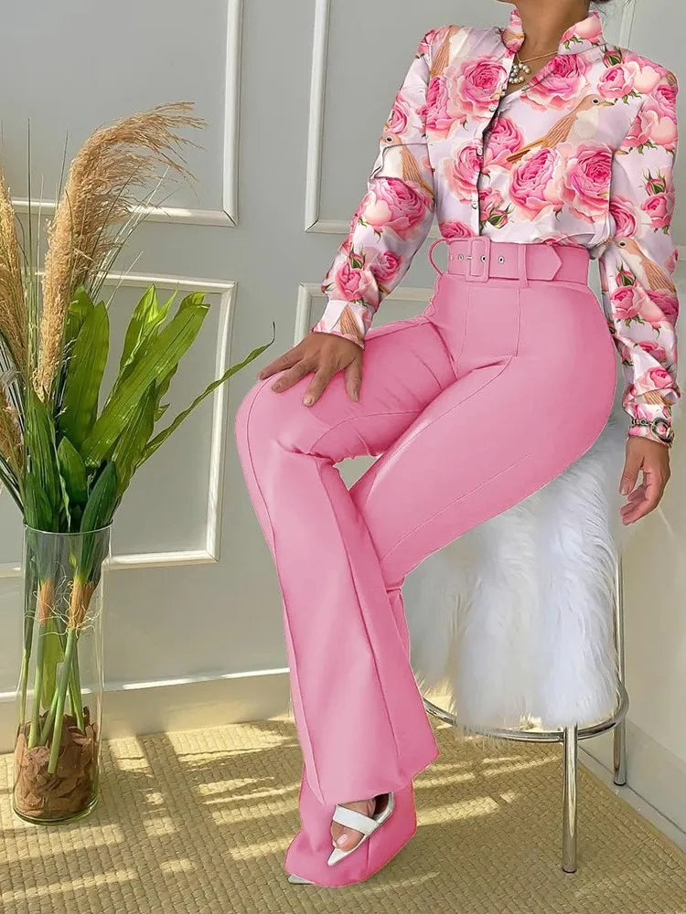 Maxy Casual Women's Two-Piece Sets Fall/winter Fashion Floral Print Stand Neck Long Sleeve Shirt & Wide Leg Pants 2pcs Set With Belts