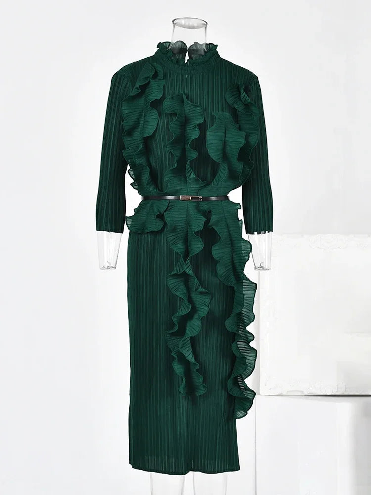 EGRM Ruffles Pleated Miyake Dress For Women 2024 New Solid Stand Collar Long Sleeves Ladies Party Dresses With Belt 5RM6218