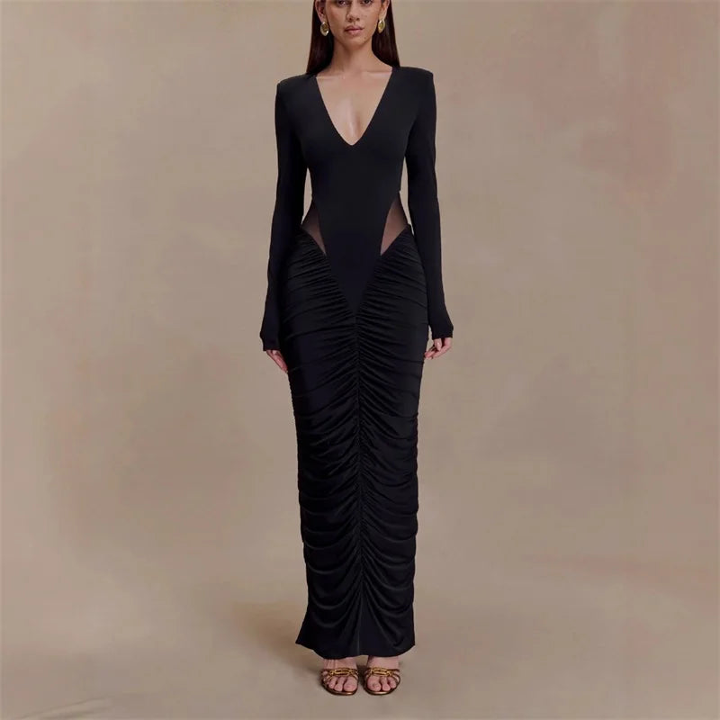 Maxy Burgundy Black Women Prom Dress V Neck Full Sleeve Sexy Elegant Ruffles Long Wedding Party Gown Formal Evening Birthday Robe