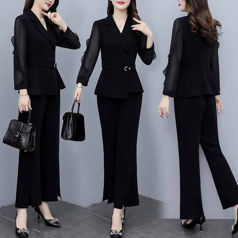 Maxy Women Oversize Solid Pants Sets New Spring Clothes Elegant V-Neck Long Sleeve Tops High Quality Female 2Pcs Outfits Suits
