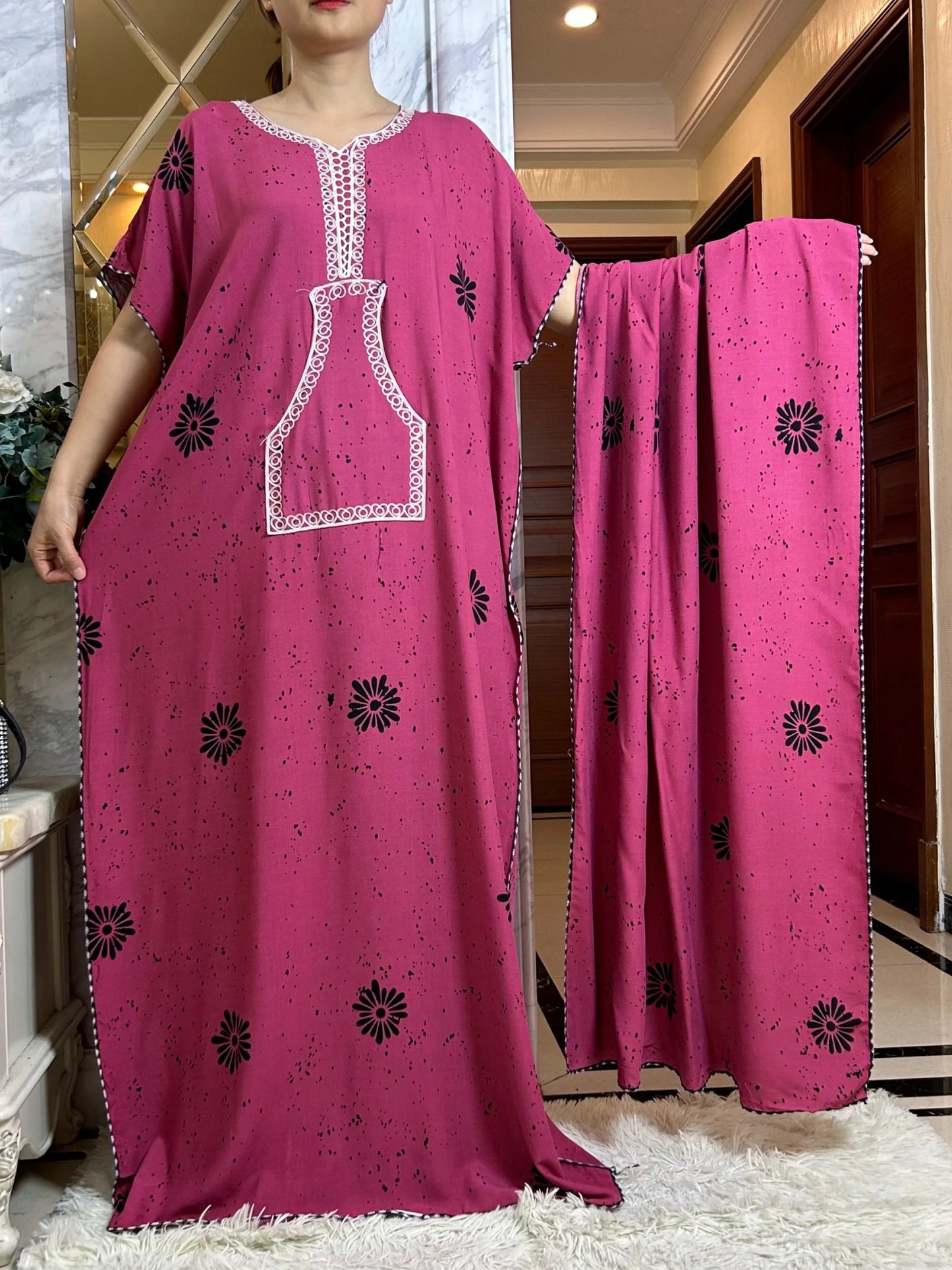 Macy Latest Autumn African Lady Dress with Big Scarf   Cotton Printed Loose Floral Boubou Pocket Maxi Islam Women Short Sleeve