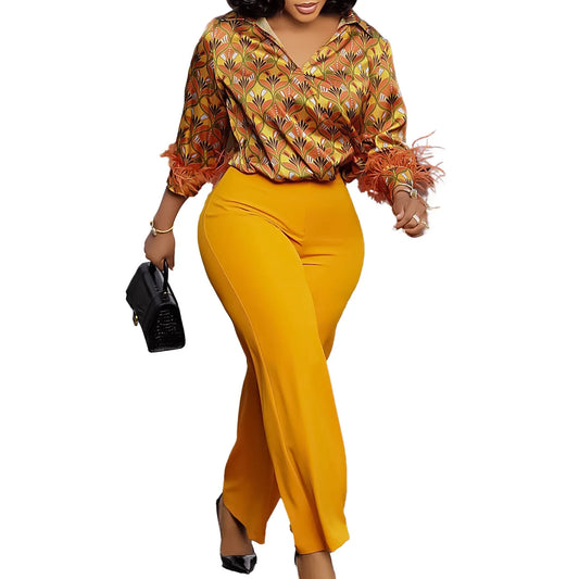 Maxy L-3XL Plus Size Two Piece Sets for Women Clothing Fashion Printing Shirts and Wide Leg Pants Fall Winter African Outfits
