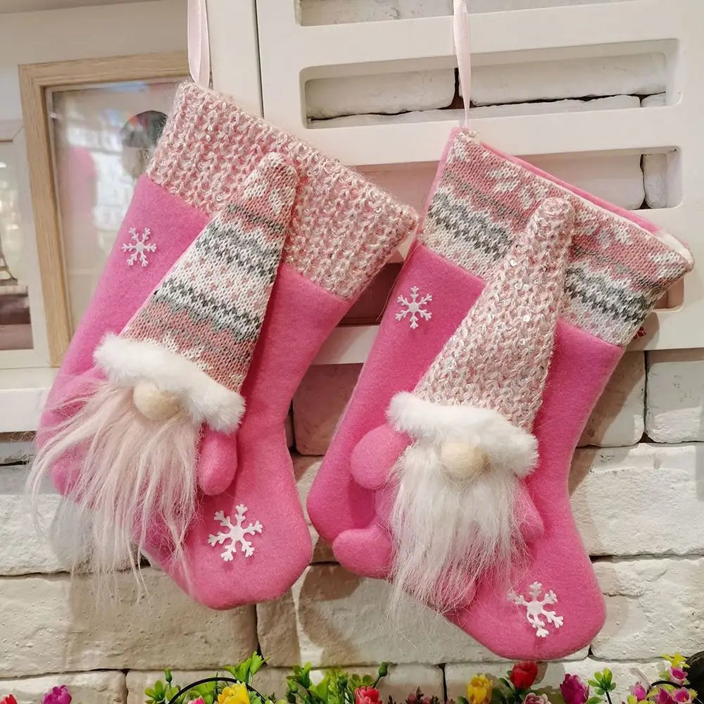 Christmas Stocking Faceless Gnome Doll Pink Socks Santa Claus Fabric Gift Bag Xmas Tree Ornament Hanging Party Festival Supplies