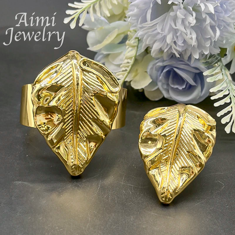 Maxy Geometric Dubai 24K Gold Plated Jewelry Set Plant Copper Leaf Pendant Necklace Earrings Bracelet Ring Women Party Wedding Gifts