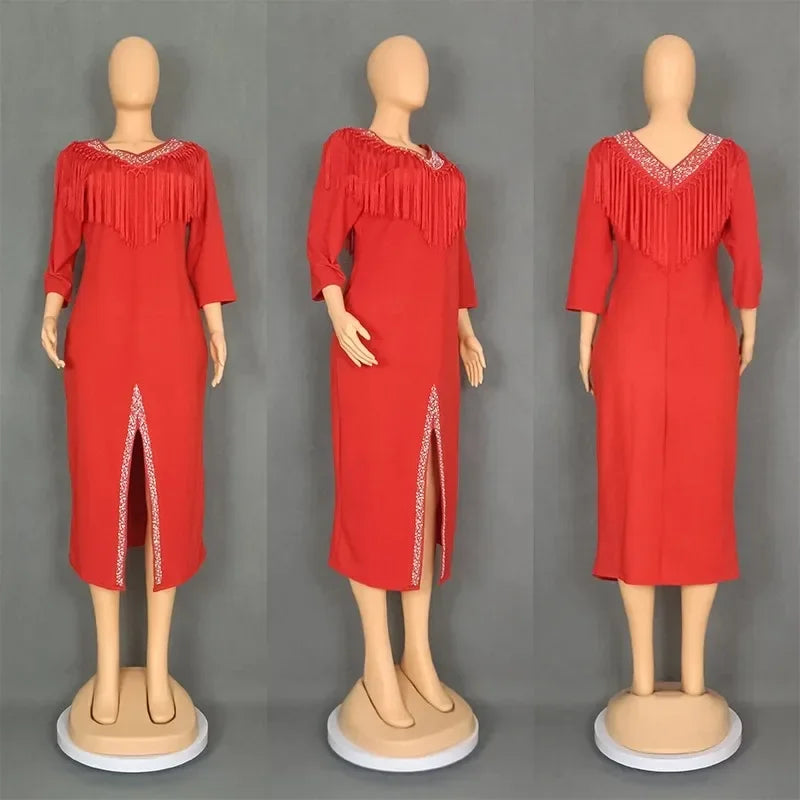Amay Dresses for Women Plus Size Clothing Summer Long Sleeve Tassel Party Evening Maxy Dress Outfits Dashiki Luxury