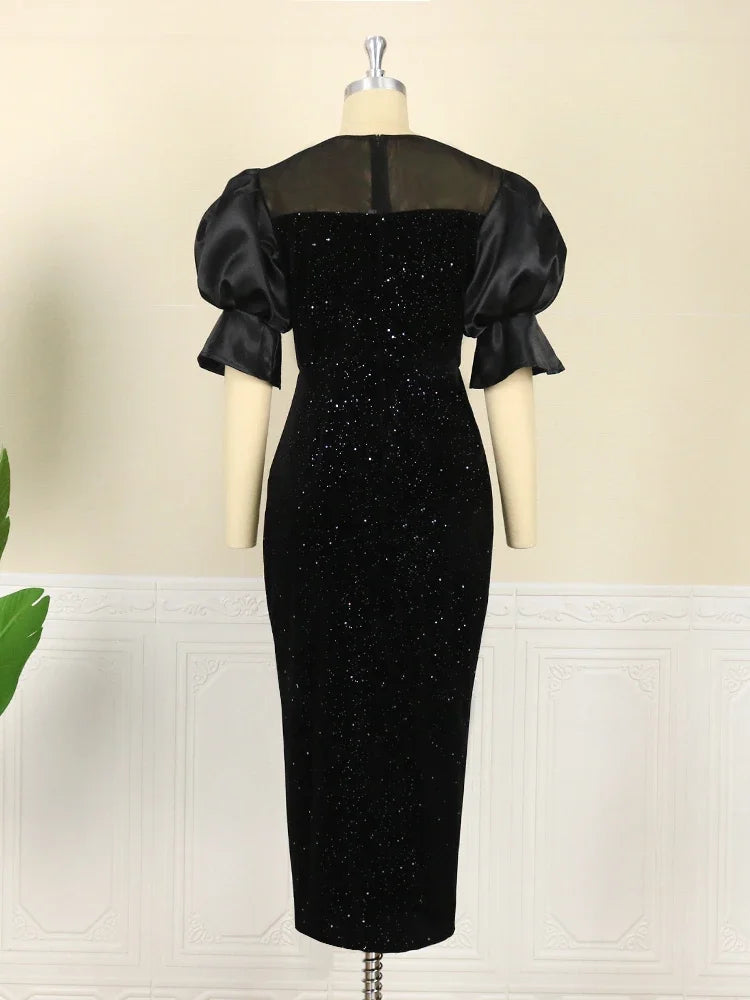 Maxy Women Long Black Dresses Velvet Glitter Sparkly Embroidered Puff Sleeve Dress Elegant Slim Party Celebrity Birthday Gowns