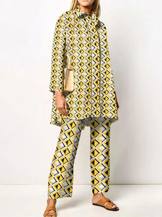 Maxy Autumn New Loose Vintage Printed Pant Sets Women Long Sleeve Shirts And Wide Legs Trousers Two Piece Set Fashion Streetwear