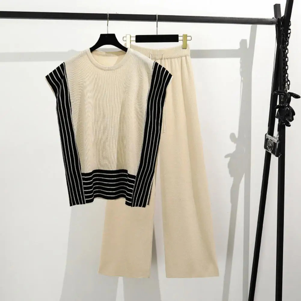 Maxy Women Top Pants Set Striped Knitted Two-piece Set for Women Top High Waist Pants Contrast Colors Homewear Outfit Women Two-piece