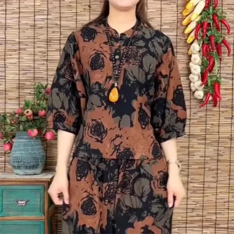 Maxy Summer Mother Sets Cotton And Linen New Loose And Thin Printed Casual Suits Retro Harem Pants Two-Piece Set Short Sleeve T-Shirt