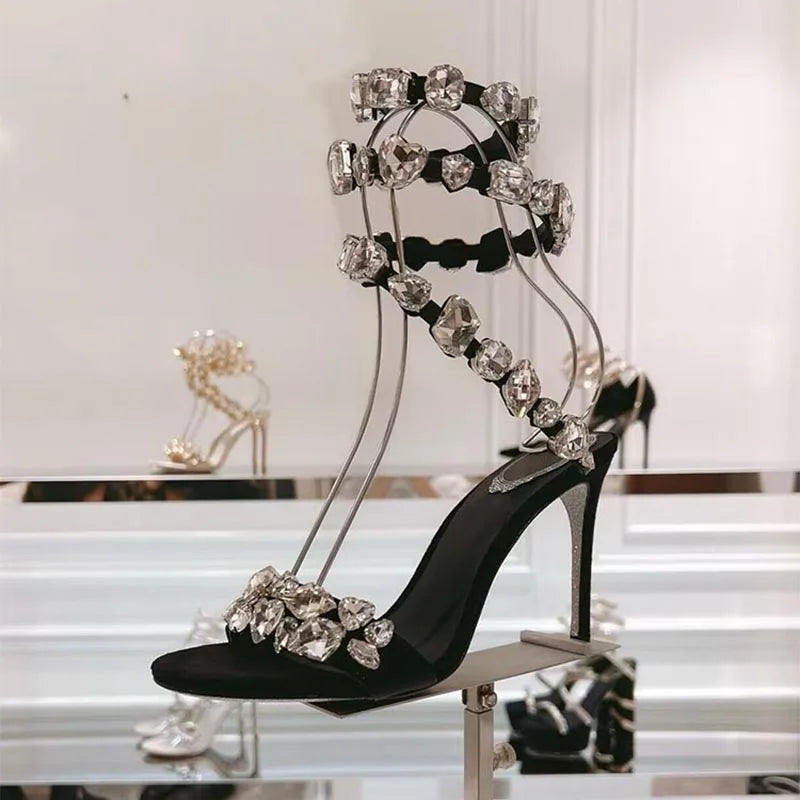 Maxy Dress Shoes Rhinestone Decor Elastic Strap Thin High Heels Sandas Women Snake Shaped Entanglement Sandals Summer Party Shoes