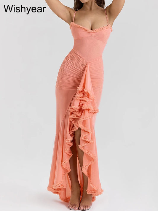 Maxy Women Sexy Spaghetti Strap Ruffle Irregular Bodycon Long Dress Elegant Boho Beach Party Evening Prom Birthday