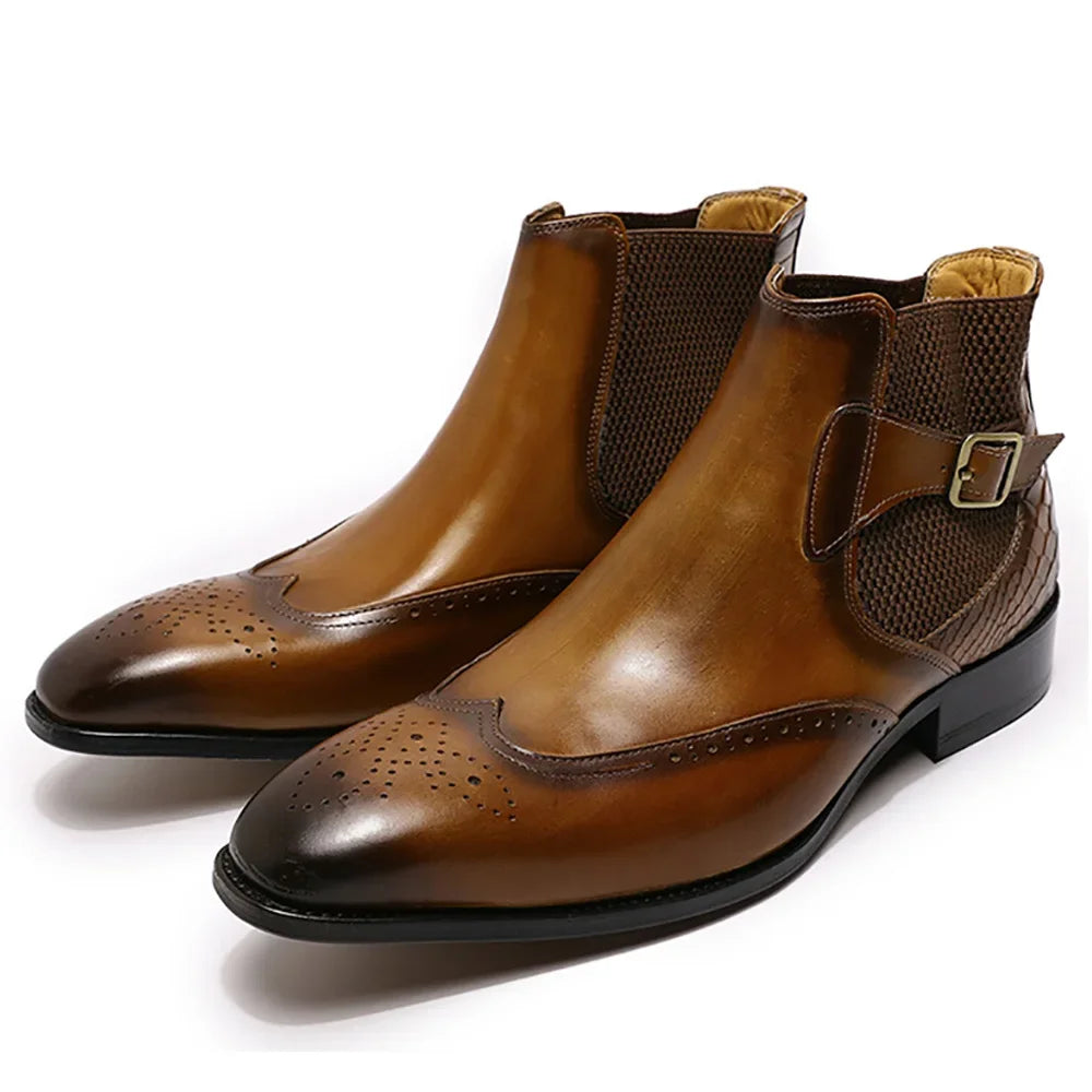 Visco Men's Real Cow Leather Ankle Boots, Slip on Buckle Strap Wing Tip Luxury Design Classic Dress Boots Handmade Basic Shoes for Men