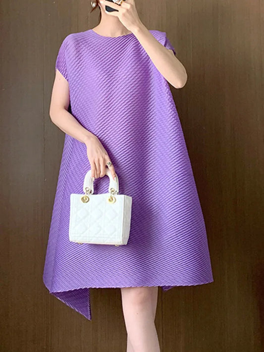 Maxy Irregular Pleated Dress Women O-neck Casual Solid Color Short Sleeves Mini Dresses Summer New Clothing 2AA5318