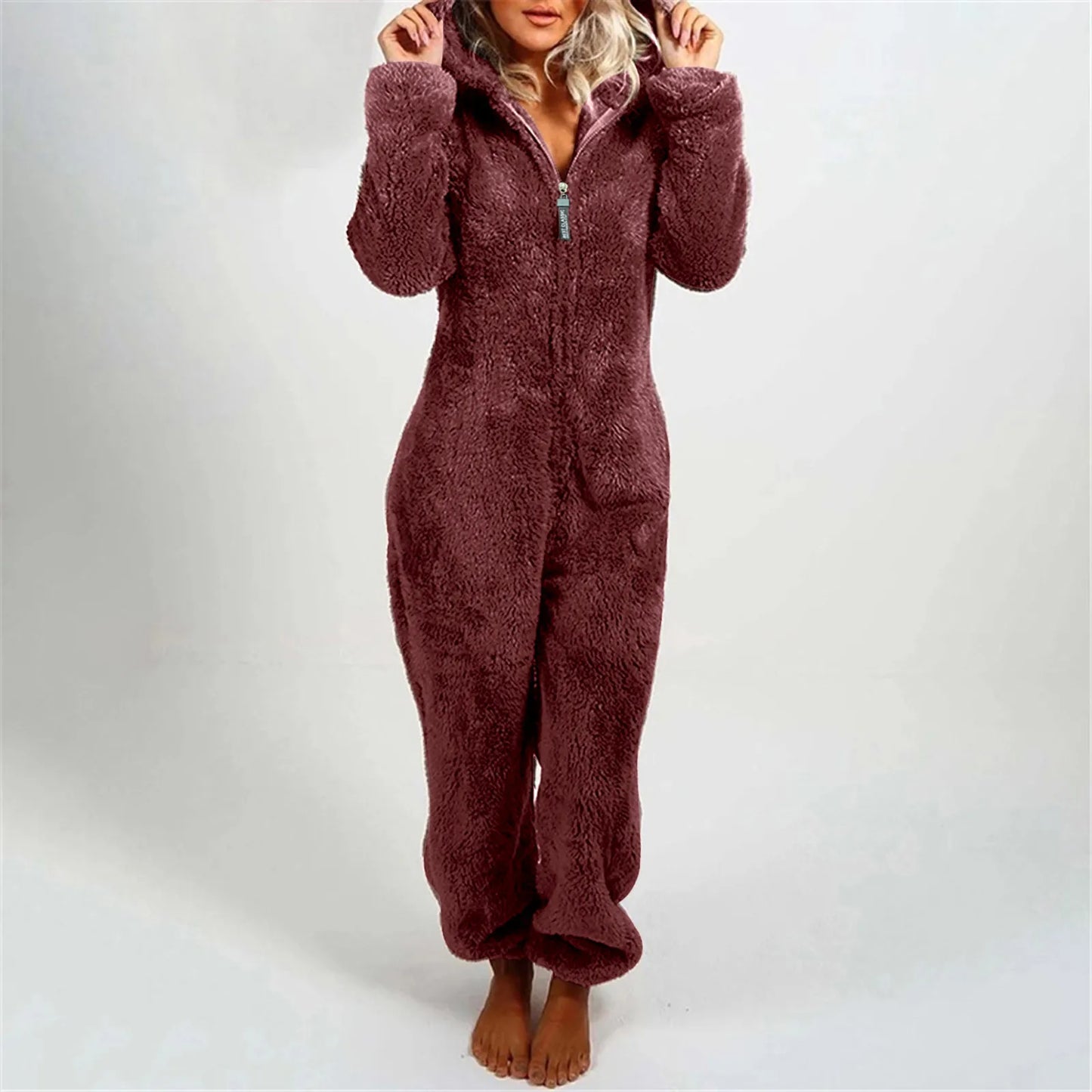 Babs Plus Size Coral Fleece Jumpsuit for Women Christmas Pajamas One-Piece Pyjamas Winter Warm Women Hooded Onesies Sleepwear