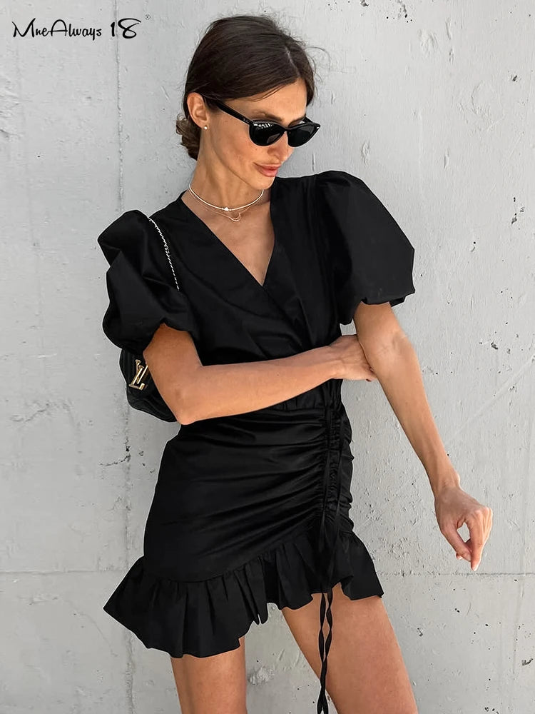 Gracy's Black Drawstring Elegant Mini Dress Womens Puff Sleeves Ruffled V-Neck Office Ladies Dress Summer High Waisted