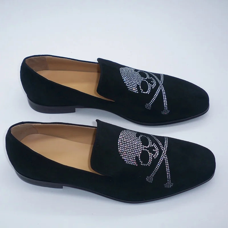 Visco Luxury Man Black Suede Shoes Skull Pattern Rhinestone Loafers For Men Handmade Crystal Shoes Mens Leather Casual Shoes