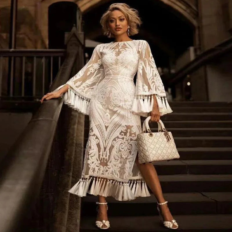 Maxy Summer Lace Embroidered Dress Women's Banquet Party Evening Dress Elegant Fringe Flared Sleeve Dress Women's Two Piece