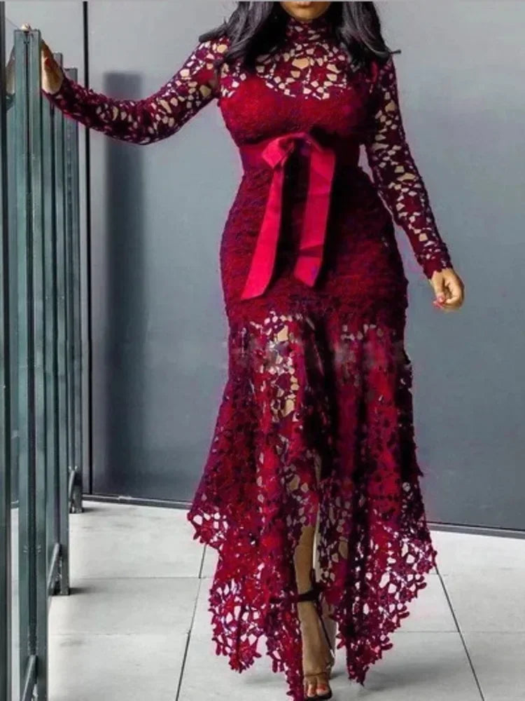 Amay Hollow Out Urban Dance Belly Latin Women Lace Irregular Dress Models Jazz Costume Long Sleeves Kpop Stage Stand Collar Vestidos